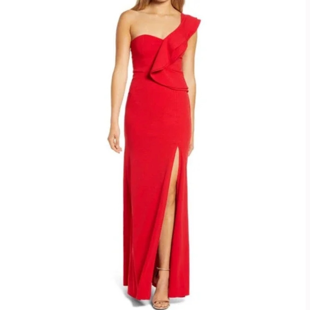 Lulus Kiss Me Again One-Shoulder Ruffle Gown in Red